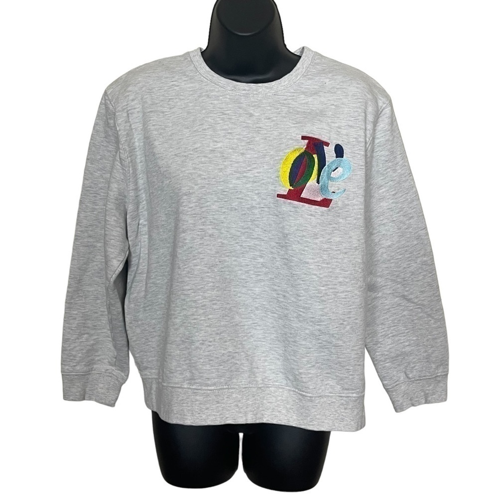 Euc French Connection women’s Love graphic crew neck, heather grey, size Large.